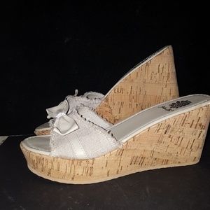 SIZE 8 YELLOW BOX KHAKI AND CORK WEDGE SANDAL